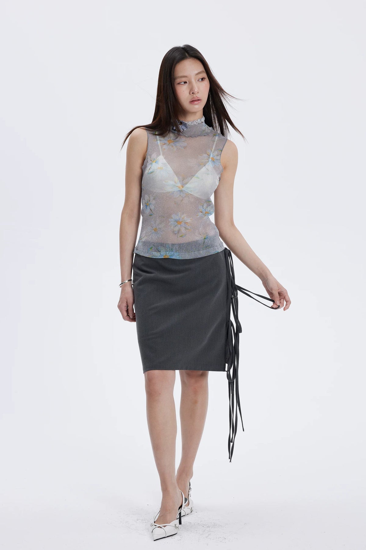 Floral Shimmer Mesh Mock Neck Tank