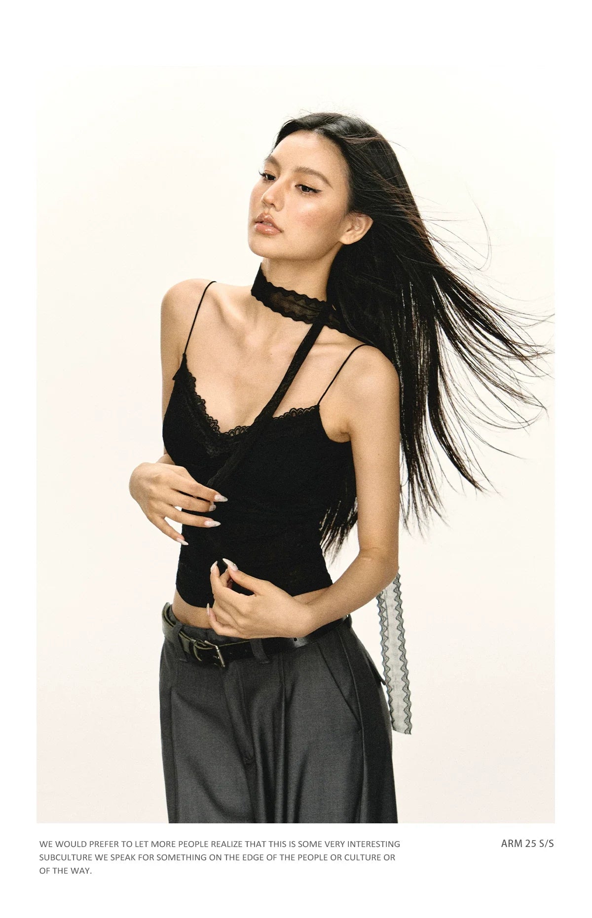 Ariseism Black Lace-Trim Camisole with Lace Neck Detail
