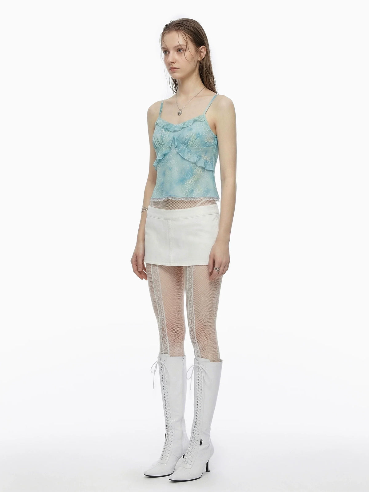 Watercolour Floral Ruffle Camisole In Baby Blue Or Ivory