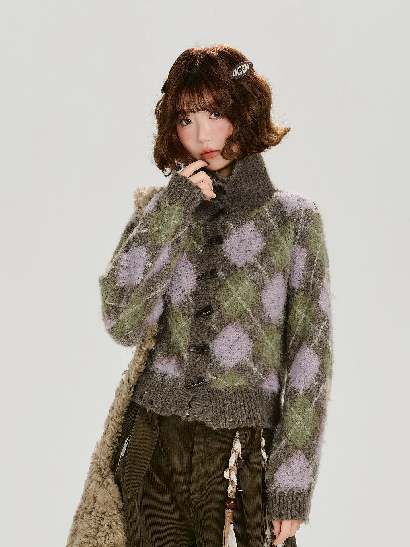 Girlyhalo |  VELVET PLAID CARDIGAN JACKET【ID:TN00011】
