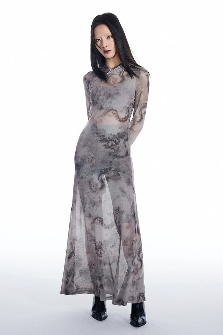Dragon Veil Hooded Mesh Maxi Dress