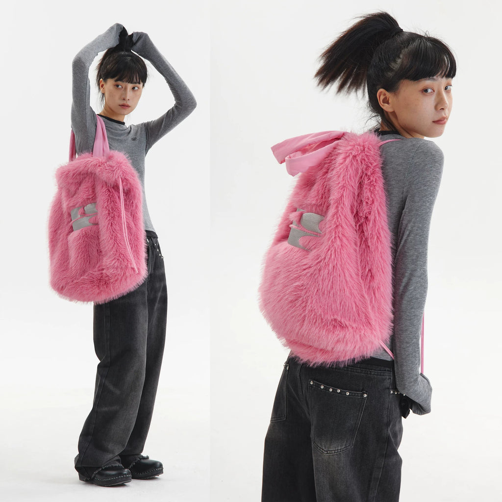 BLUE PLUSH DRAWSTRING BACKPACK