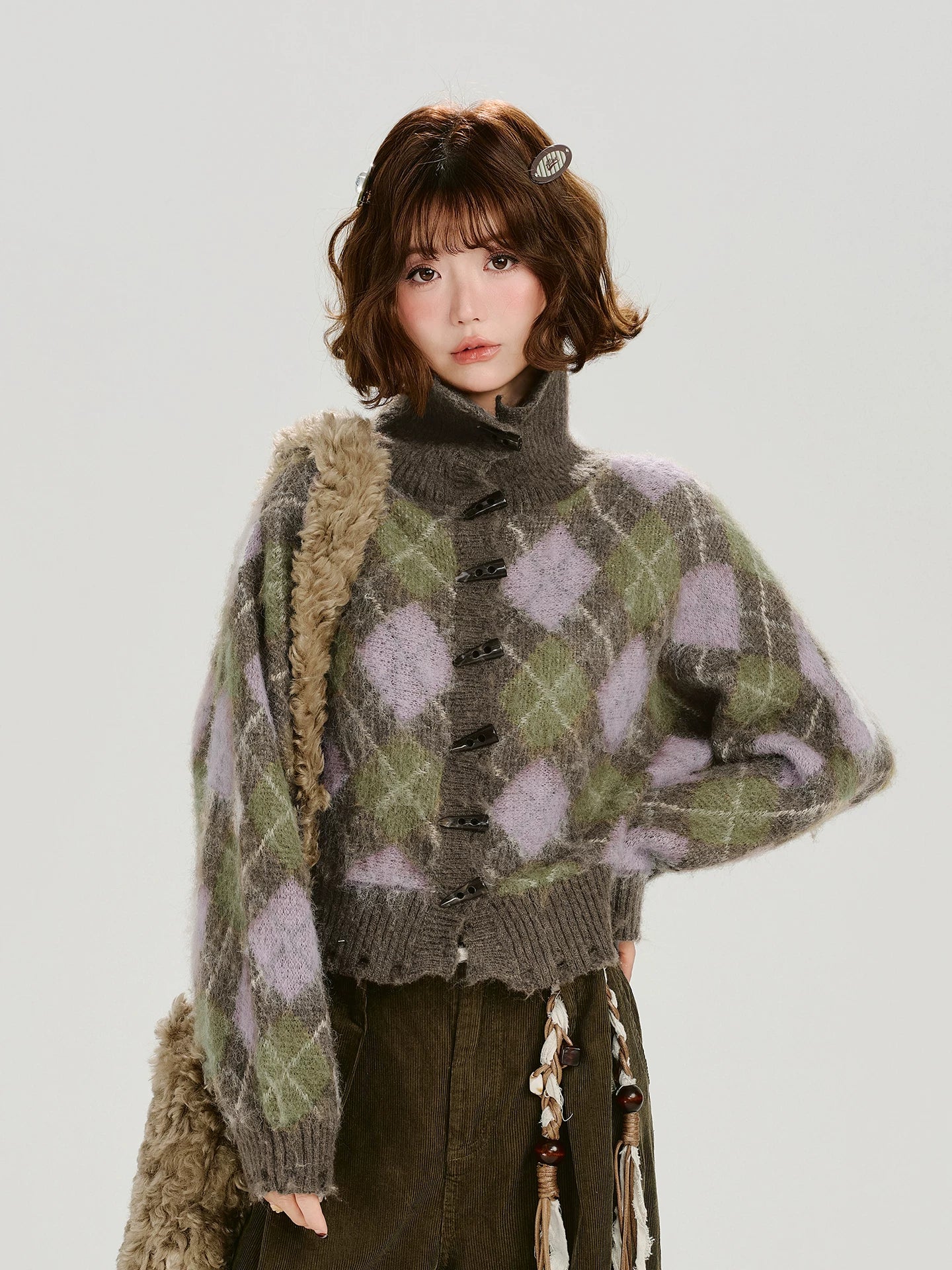 Girlyhalo |  VELVET PLAID CARDIGAN JACKET【ID:TN00011】