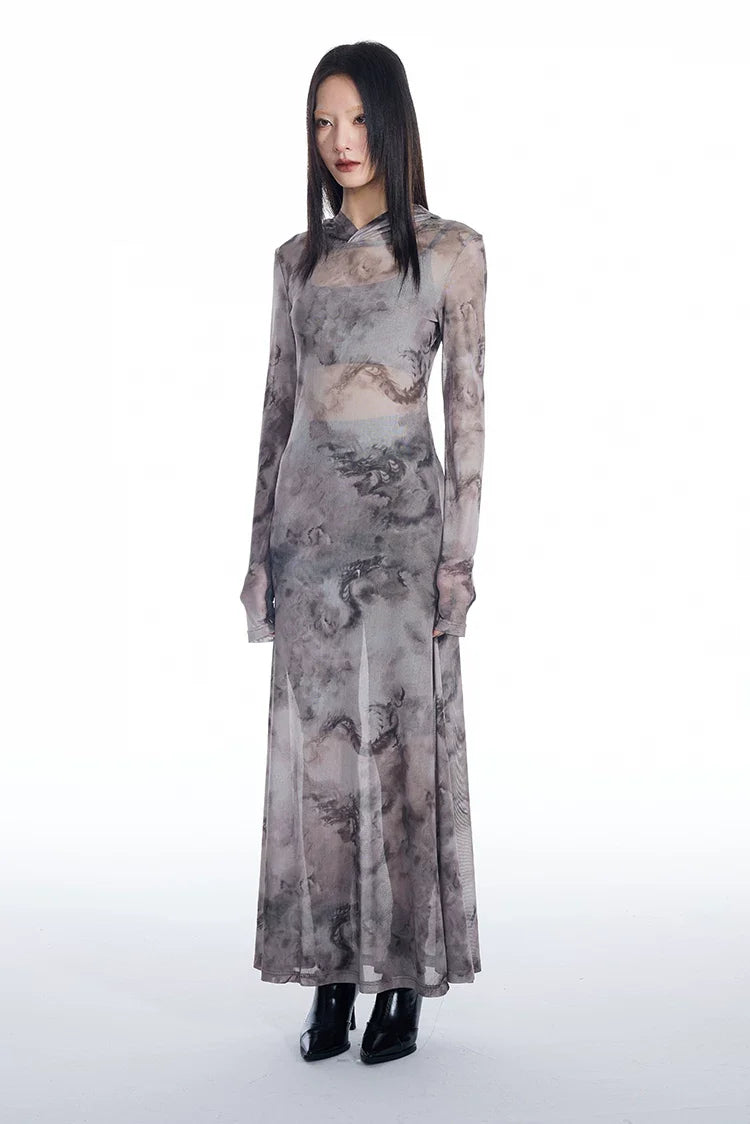 Dragon Veil Hooded Mesh Maxi Dress