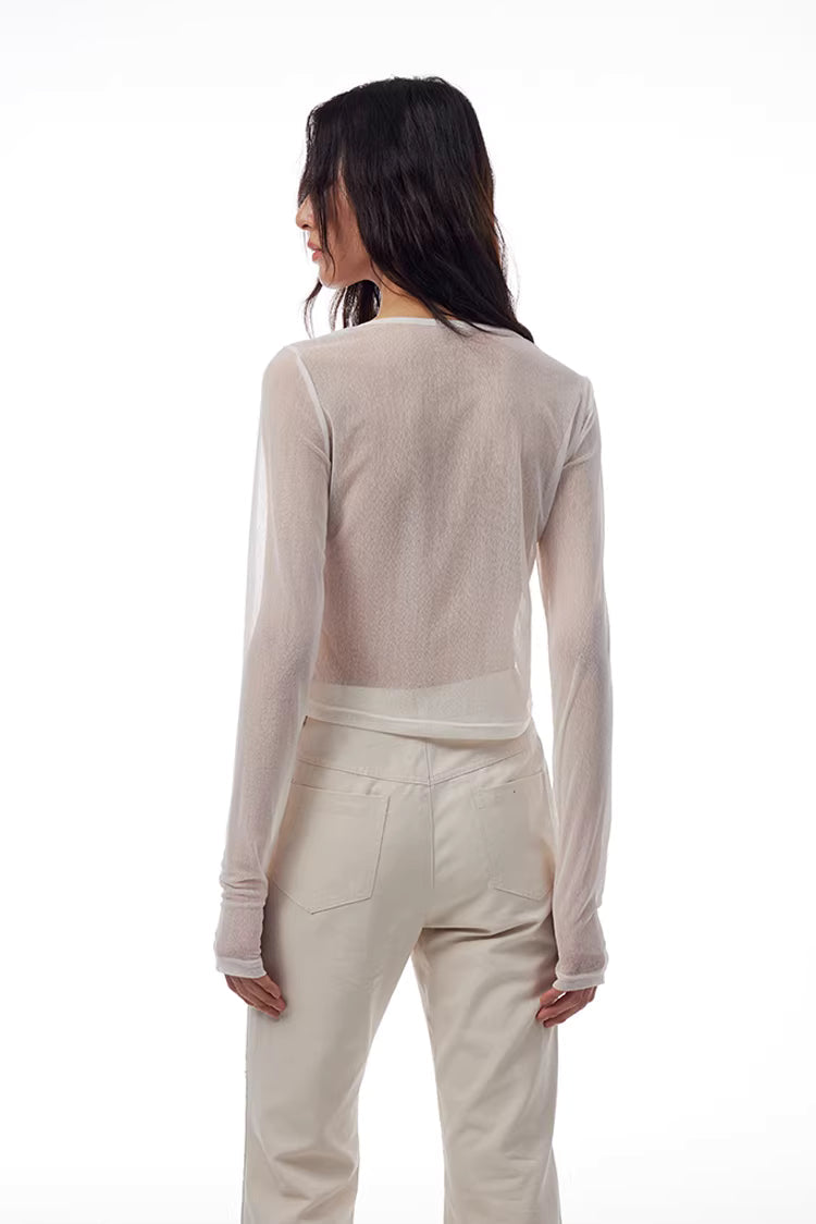 Geometric Seamed Sheer Mesh Long-Sleeve Top in Black Ink or White