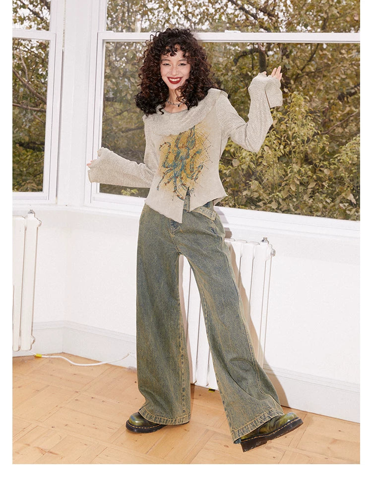 化学少女 | VINTAGE HIGH-WAISTED DRAPE JEANS【ID:TN00165】