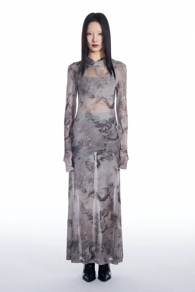 Dragon Veil Hooded Mesh Maxi Dress