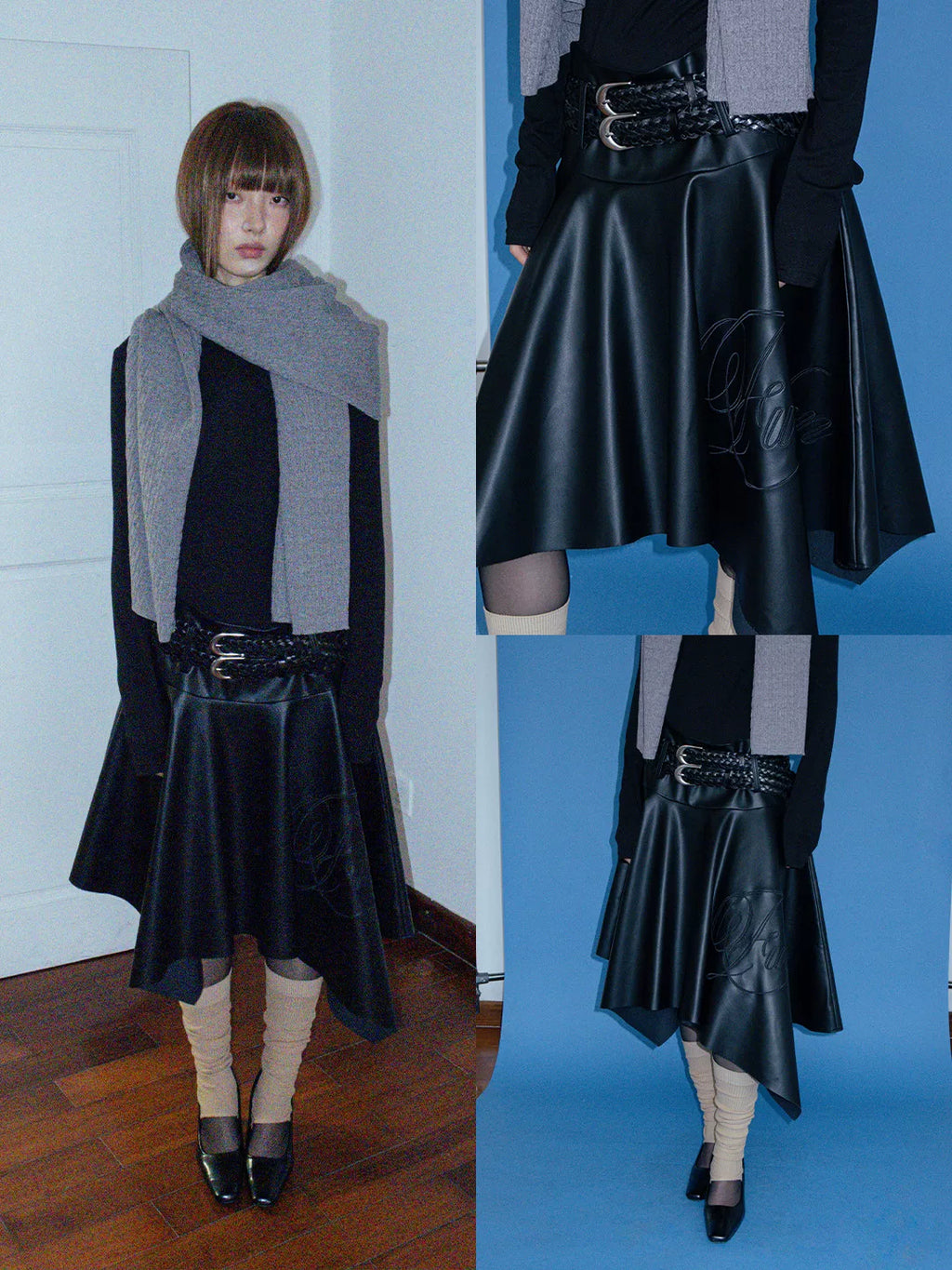 FUNKYFUN | PLEATED LEATHER MIDI SKIRT【ID:TN00184】