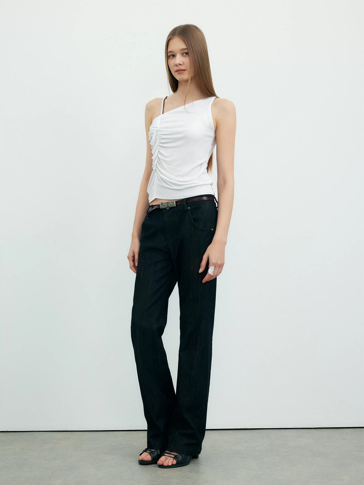 Ruched Asymmetric Ruffle Top