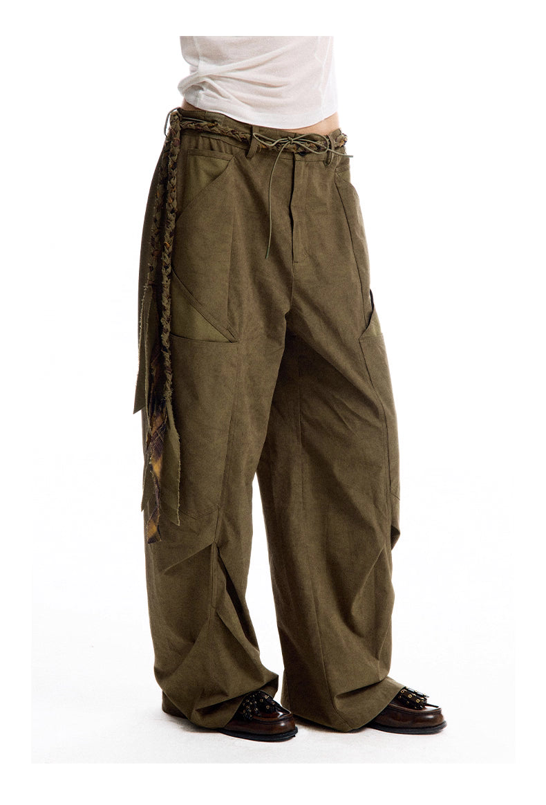 Geometric Detail Wide-Leg Machete Pants with Belt