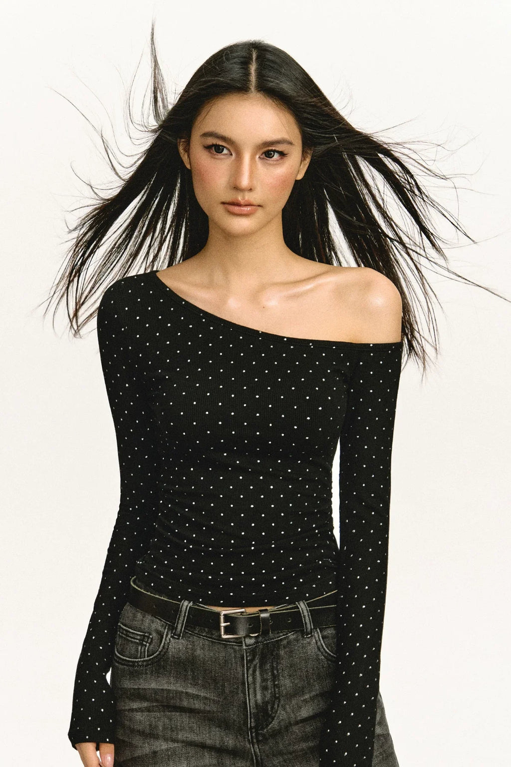 Off-Shoulder Ruched Long-Sleeve Top