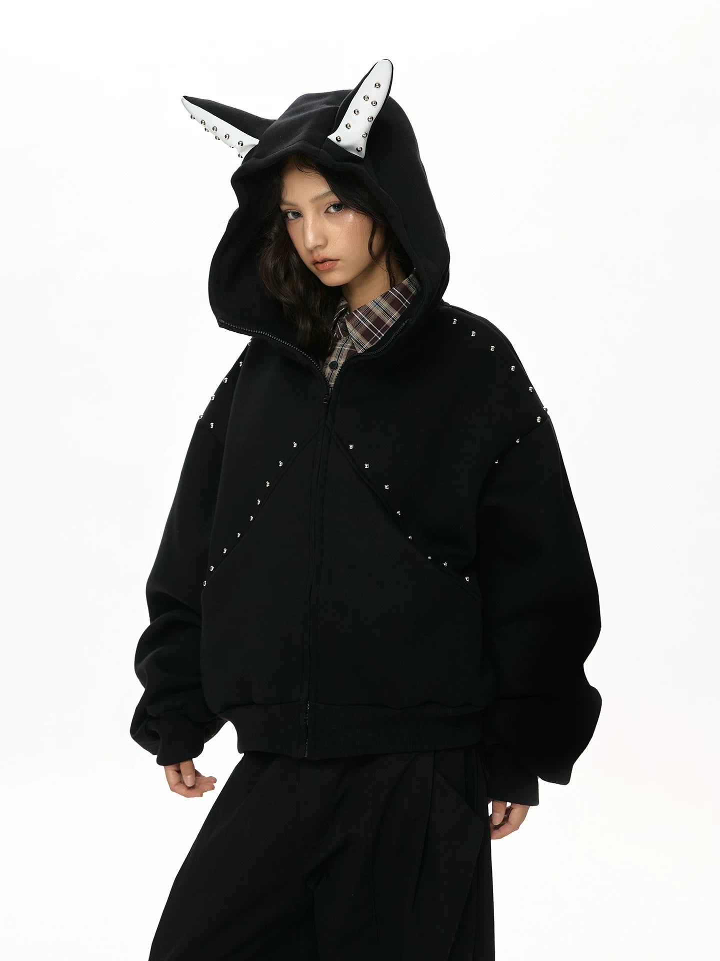 VATTY | RETRO RIVET HOODIE CARDIGAN【ID:TN00204】