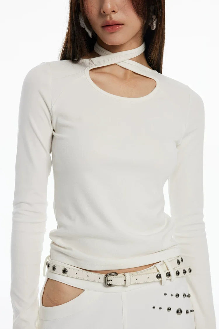 Cross Neck Cut-Out Long Sleeve Top