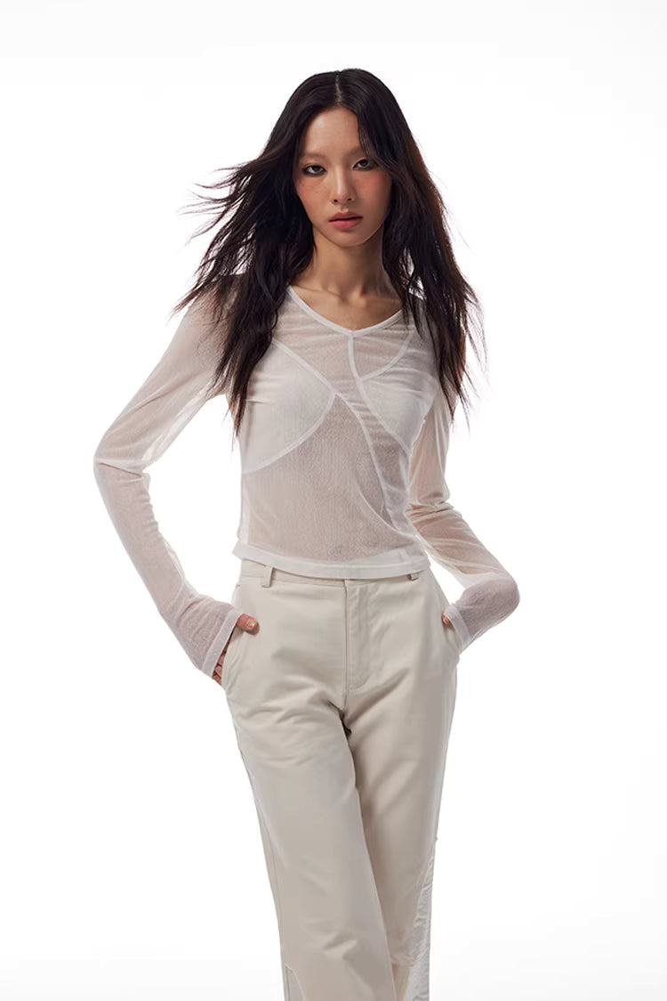 Geometric Seamed Sheer Mesh Long-Sleeve Top in Black Ink or White