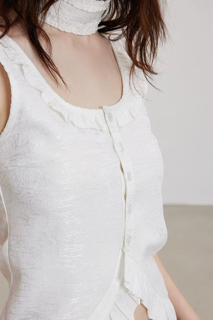 Washed Brocade Ruffle Choker Top