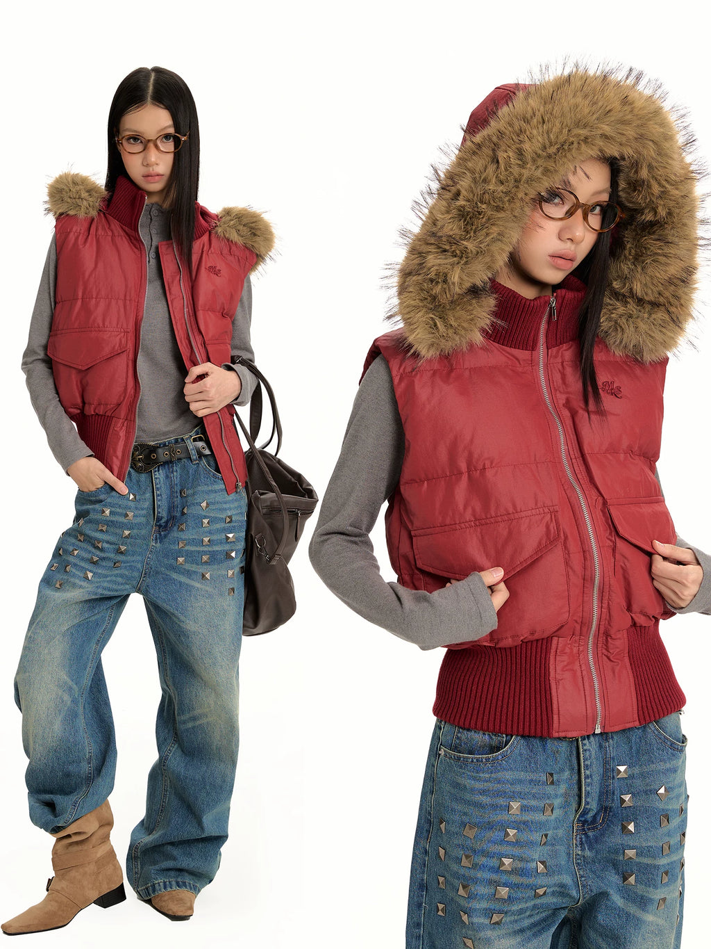 FUR COLLAR VINTAGE VEST JACKET