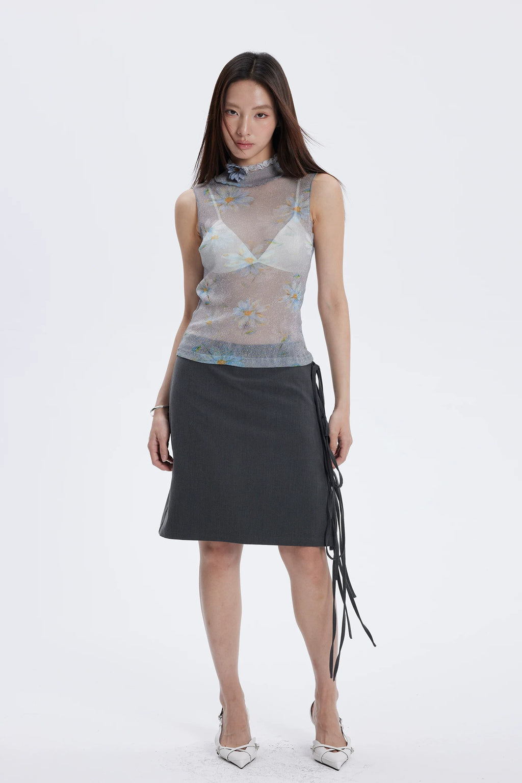 Floral Shimmer Mesh Mock Neck Tank