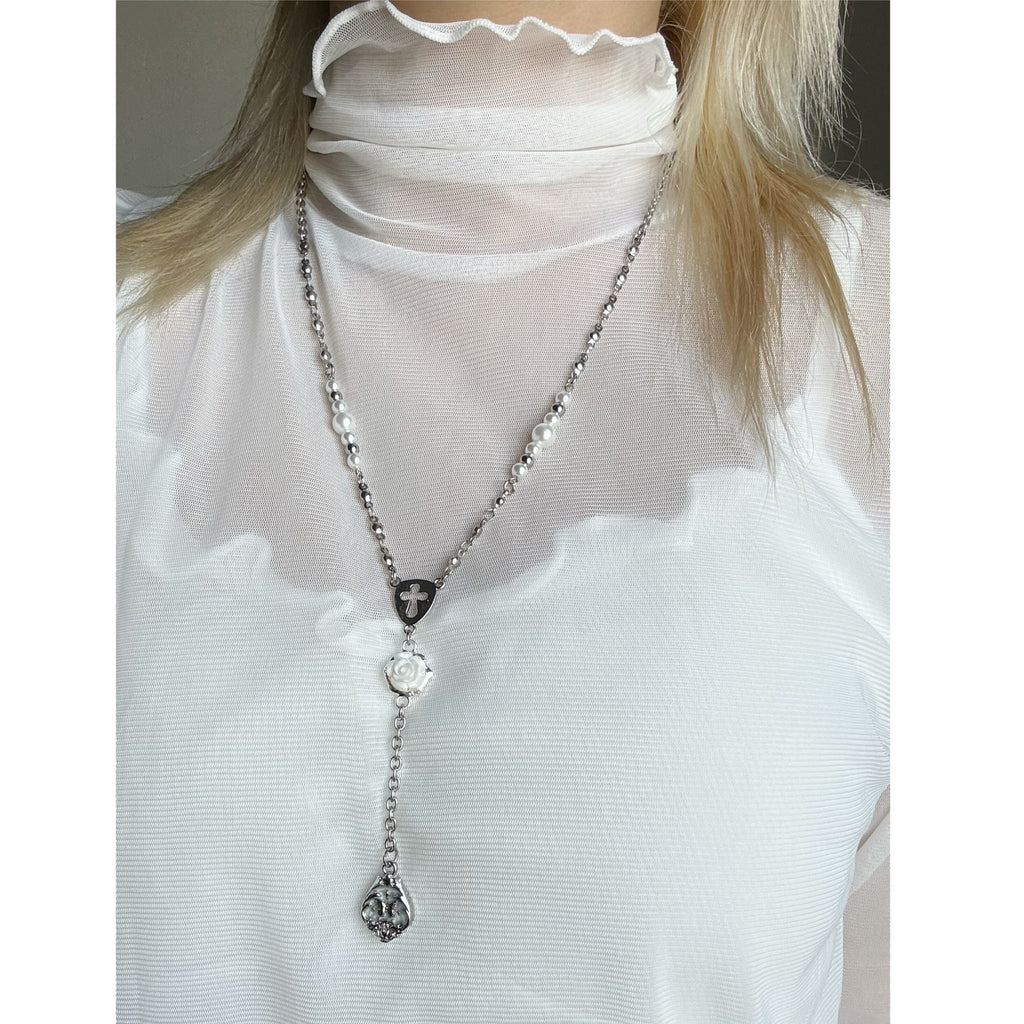 BAROQUE ROSE CROSS BEADED NECKLACE