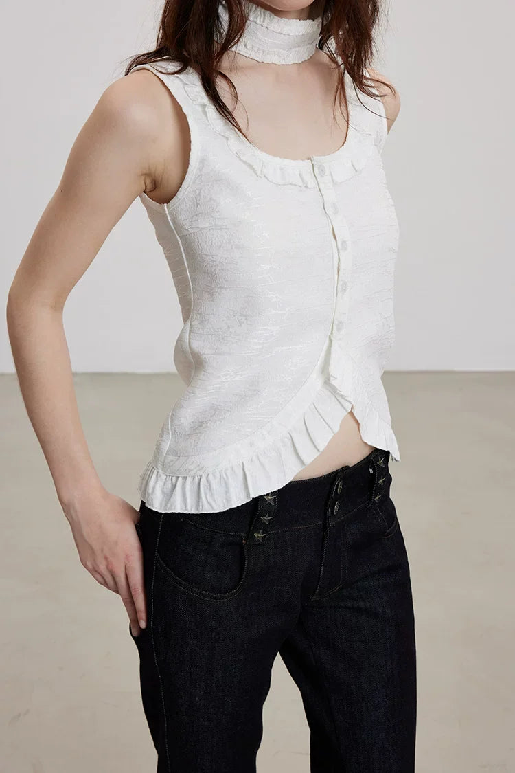 Washed Brocade Ruffle Choker Top