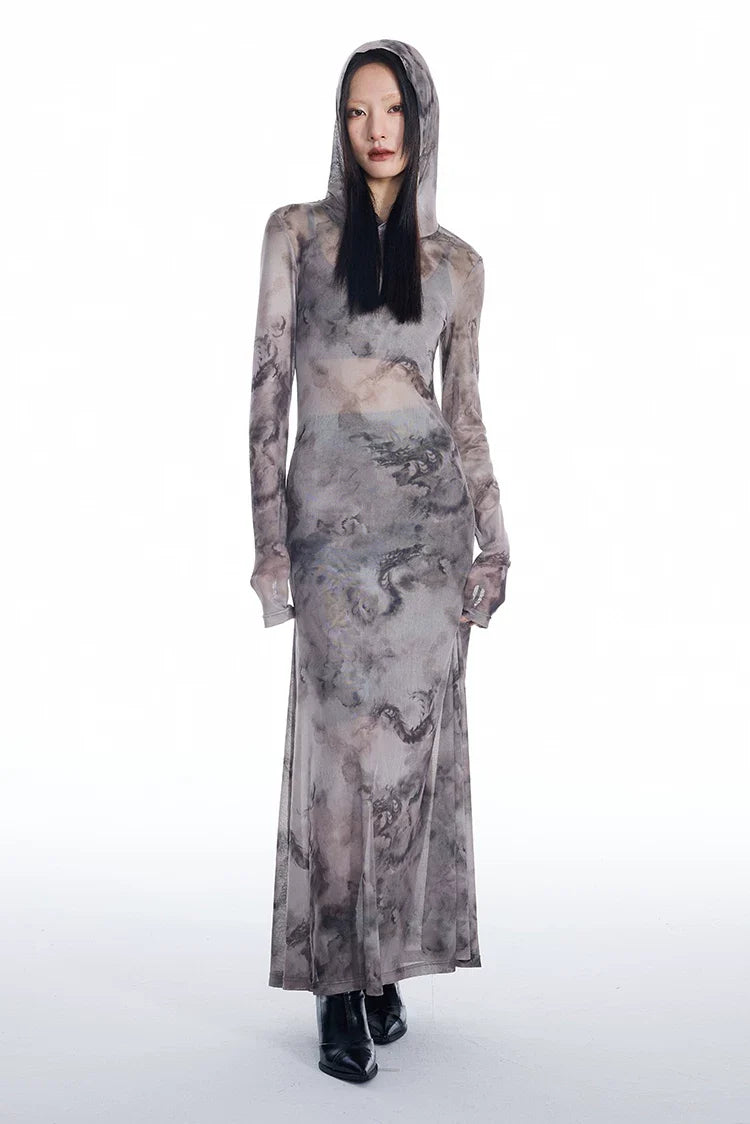 Dragon Veil Hooded Mesh Maxi Dress