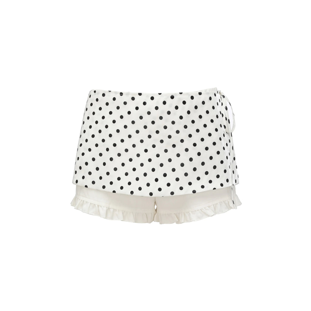 White Polka Dot Ruffle A Line Women'S Polyester Silky Satin Mini Skirts