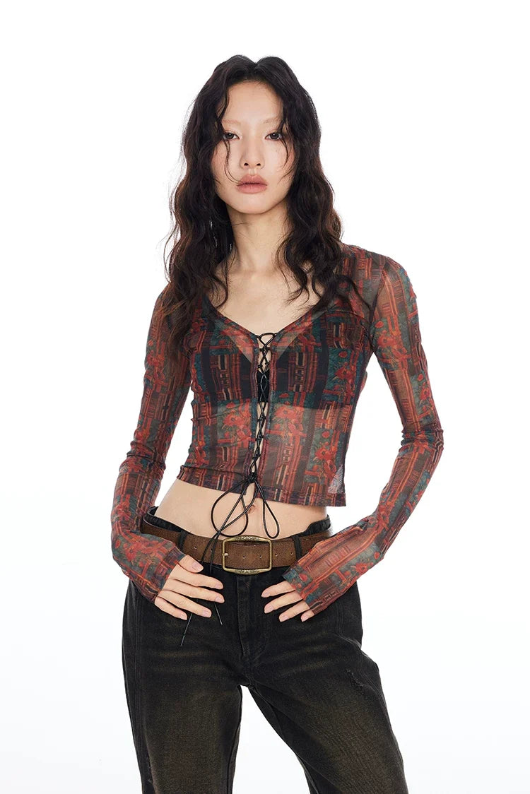 Tapestry Lace-Up Mesh Top