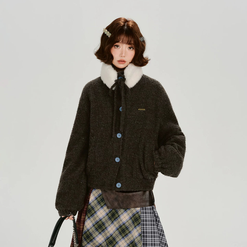 Girlyhalo |  RETRO FUR COLLAR TWEED JACKET【ID:TN00012】