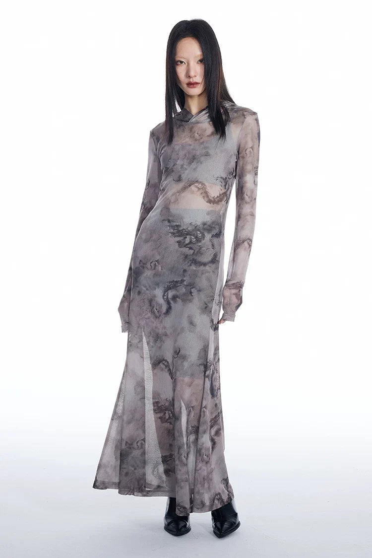 Dragon Veil Hooded Mesh Maxi Dress