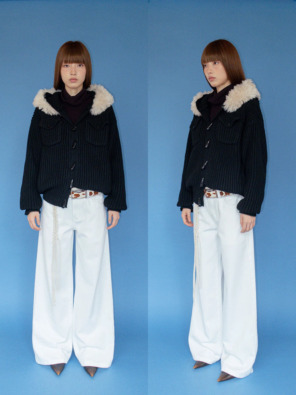 FUNKYFUN | FUNKY KNIT SWEATER COAT WITH FUR COLLAR【ID:TN00172】