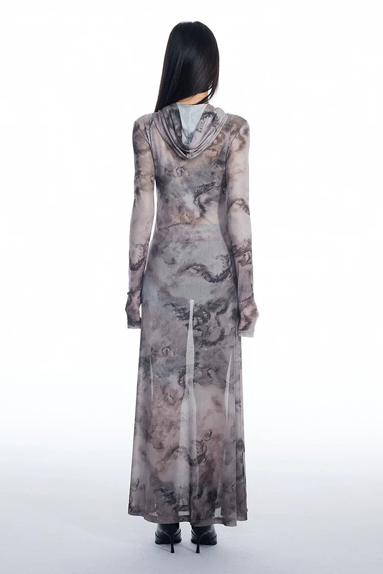 Dragon Veil Hooded Mesh Maxi Dress