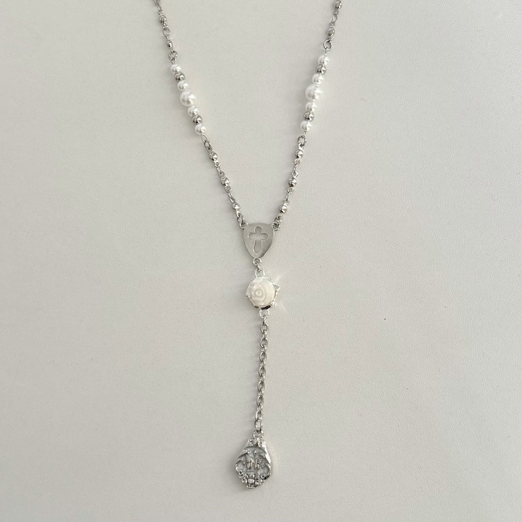 BAROQUE ROSE CROSS BEADED NECKLACE