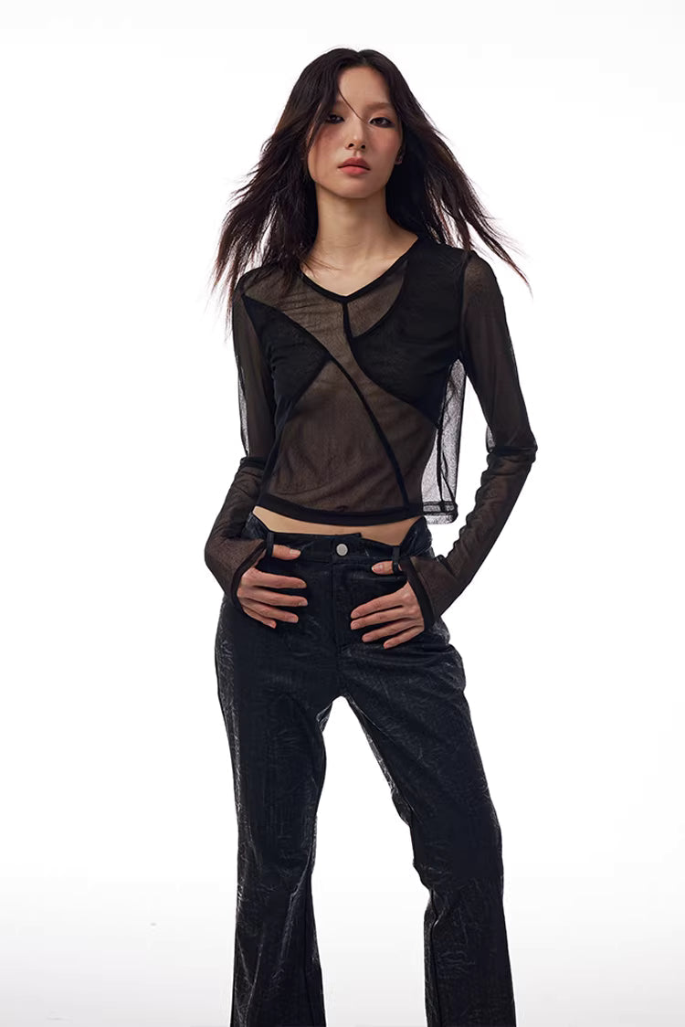 Geometric Seamed Sheer Mesh Long-Sleeve Top in Black Ink or White