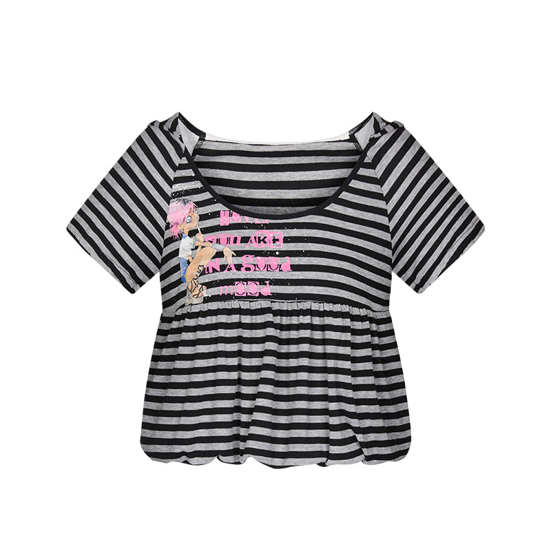Vintage Hooded Striped Print Women's Polyester Short Sleeve T-shirts