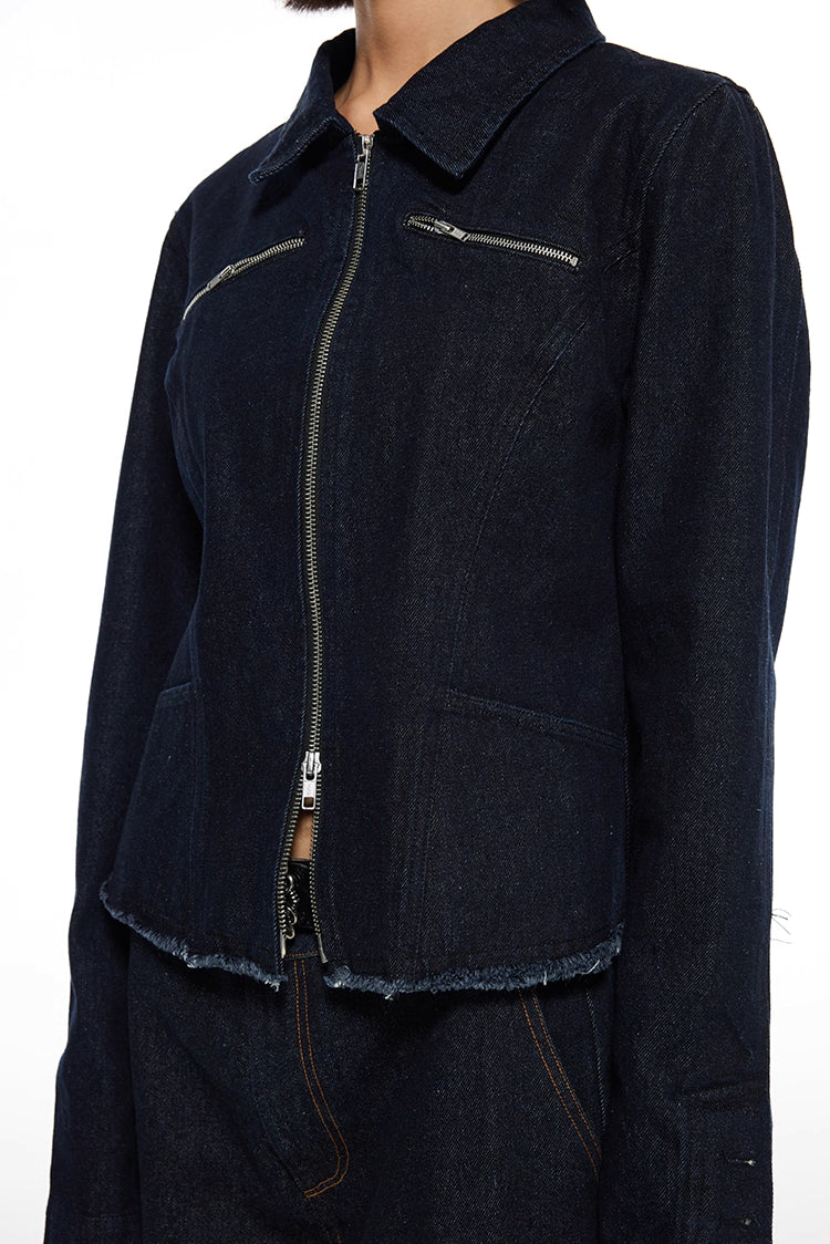 Double Zip Frayed-Edge Denim Jacket