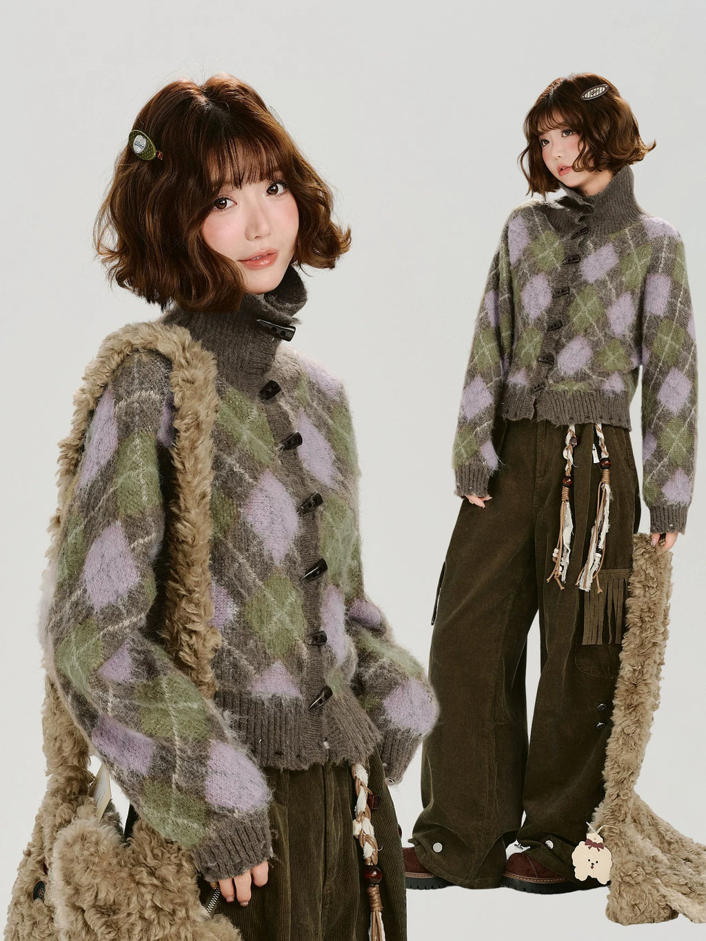 Girlyhalo |  VELVET PLAID CARDIGAN JACKET【ID:TN00011】