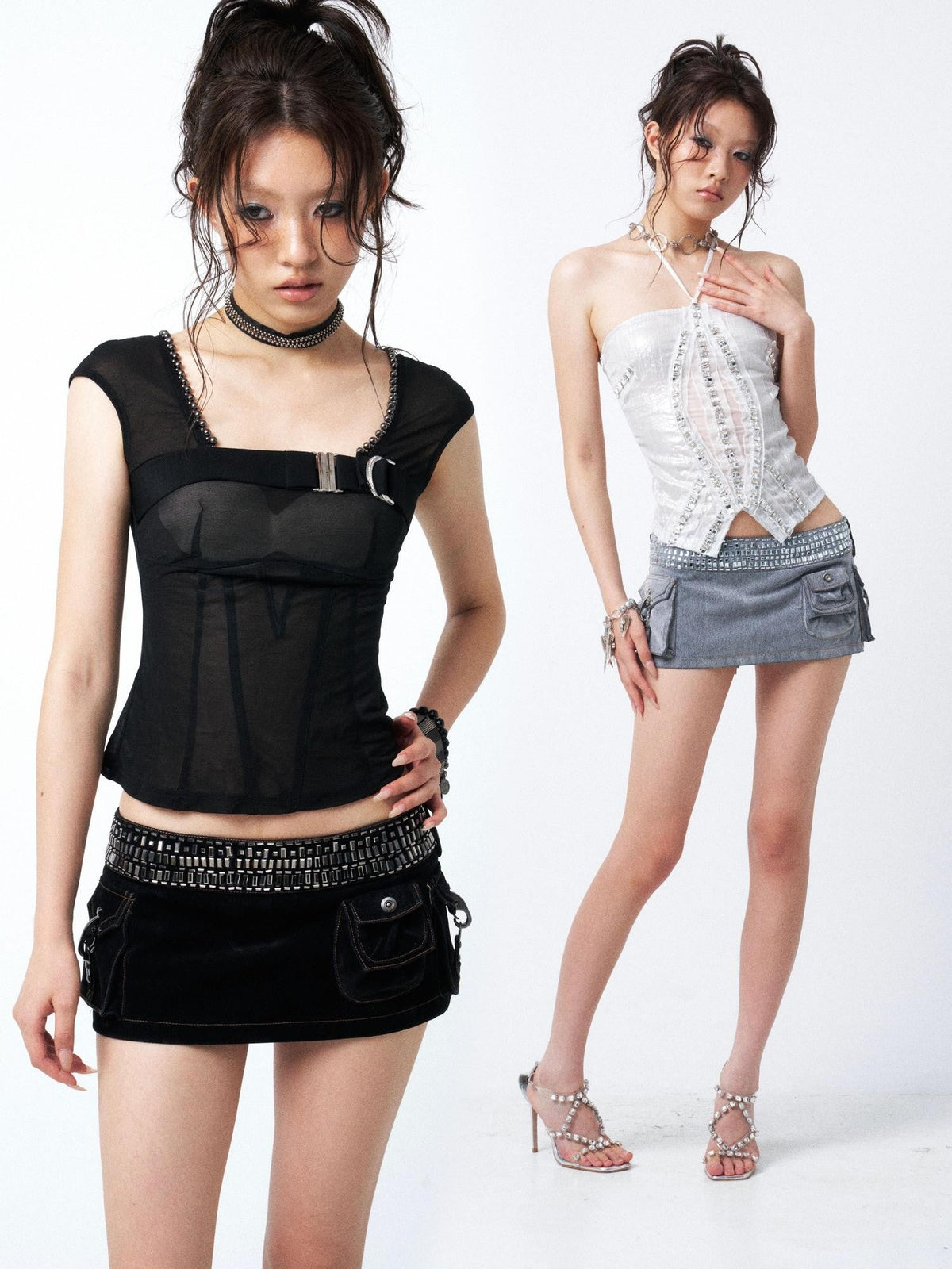 Black Plaid Rhinestone Multi Pocket Low Waist A Line Women'S Denim Hot Pants