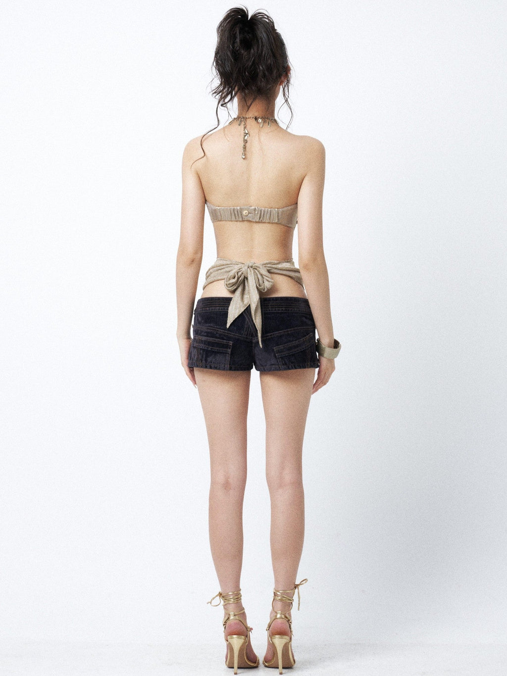 Champagne Gold Metal Chain Studded Rhinestone Bustier Women'S Halter Tops