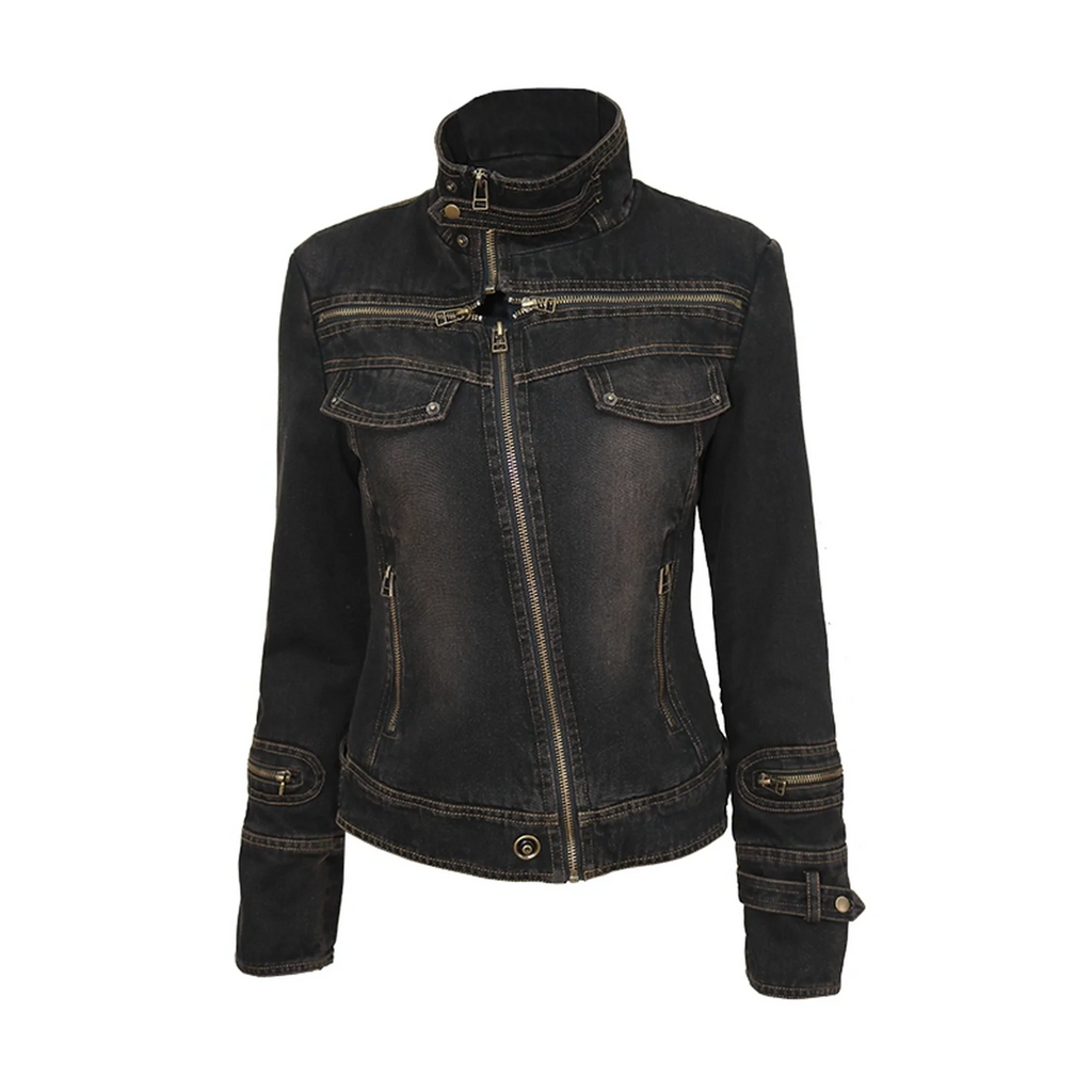 Distressed Cotton Denim Mock Neck Zip Up Vintage Slim Fit Pockets Womens Jacket