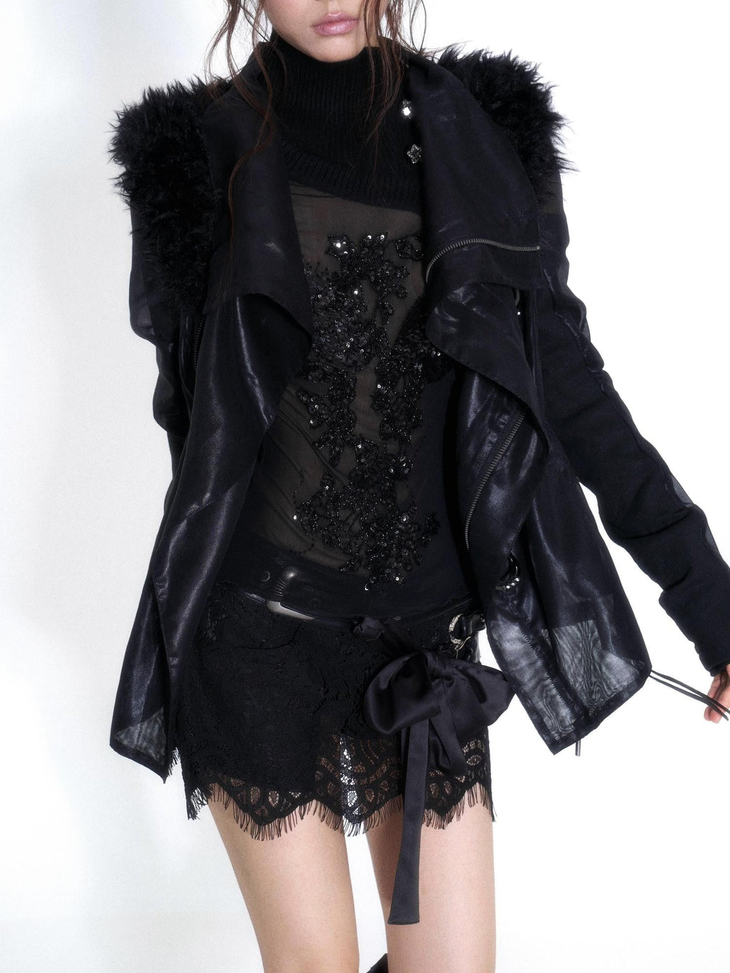 Faux Fur Trim Spliced Mock Neck Slim Fit Curved Sleeve Women's Parkas