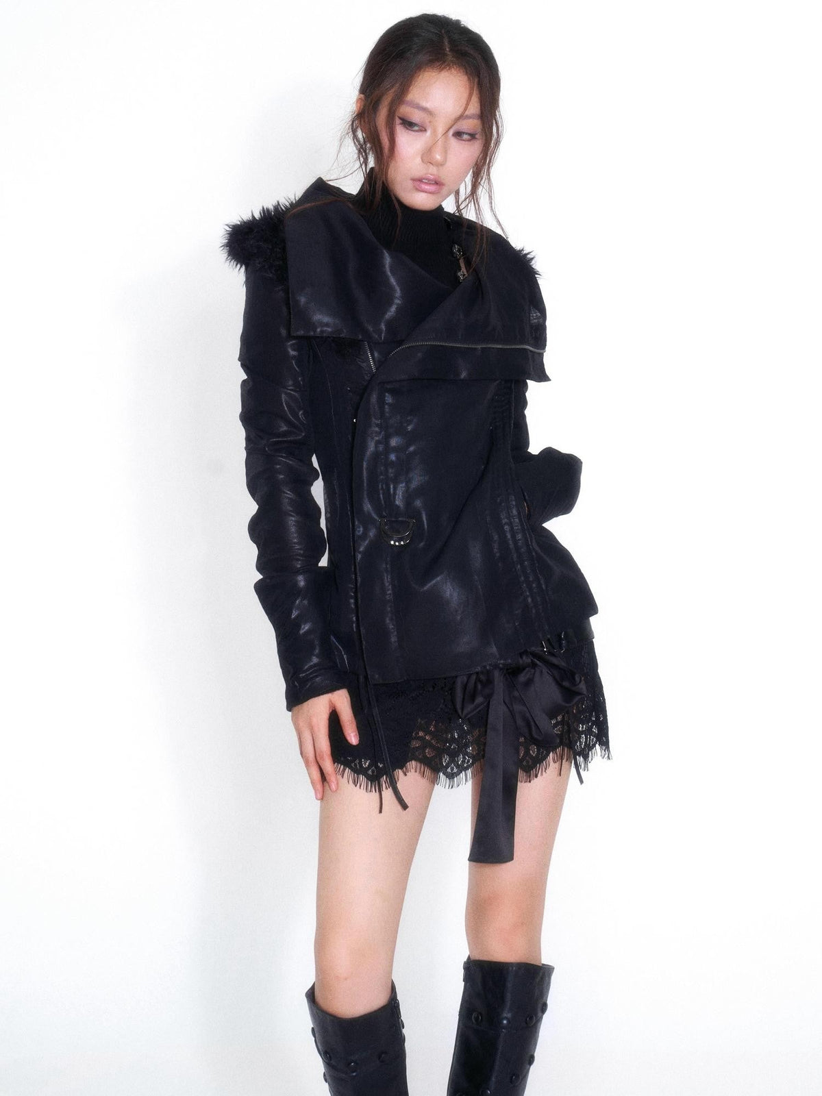 Faux Fur Trim Spliced Mock Neck Slim Fit Curved Sleeve Women's Parkas