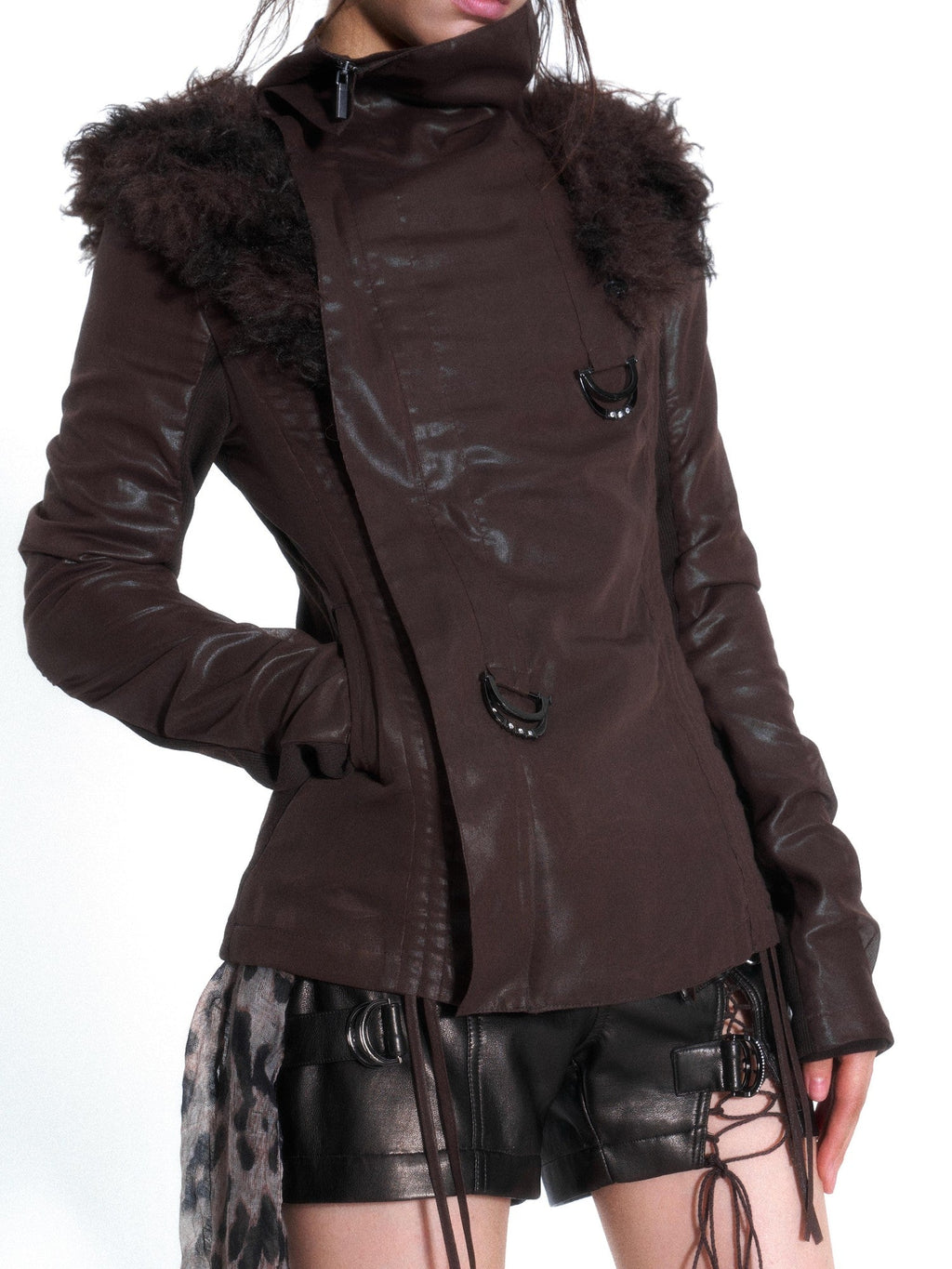 Faux Fur Trim Spliced Mock Neck Slim Fit Curved Sleeve Women's Parkas