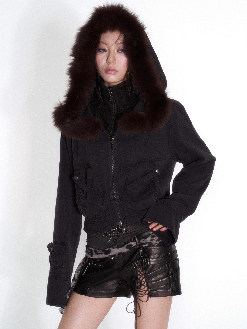 Faux Layered Faux Fur Hooded High Neck Loose Fit Women's Denim Jackets