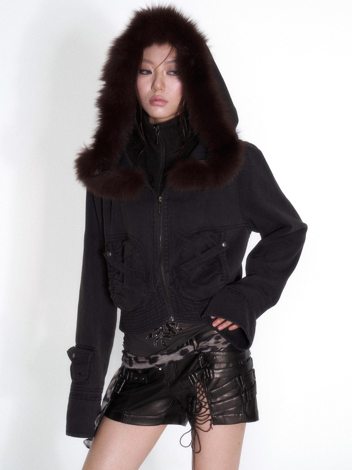 Faux Layered Faux Fur Hooded High Neck Loose Fit Women's Denim Jackets