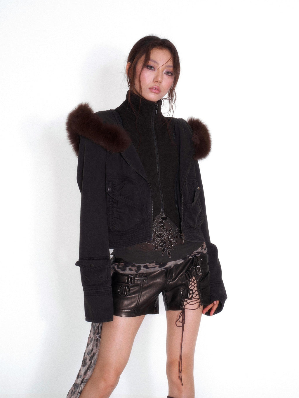 Faux Layered Faux Fur Hooded High Neck Loose Fit Women's Denim Jackets