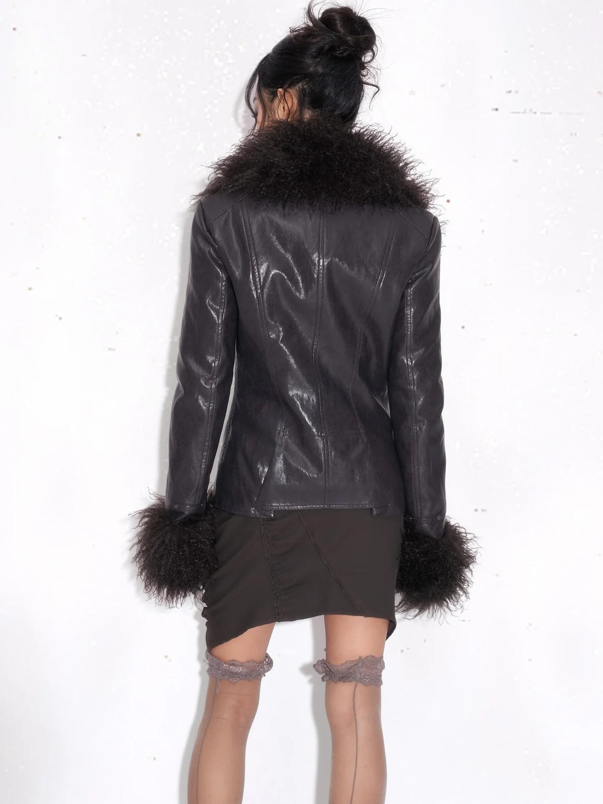 High Gloss Thick Punk Slim Fit Faux Leather Fur Collar Women Dark Purple Jacket