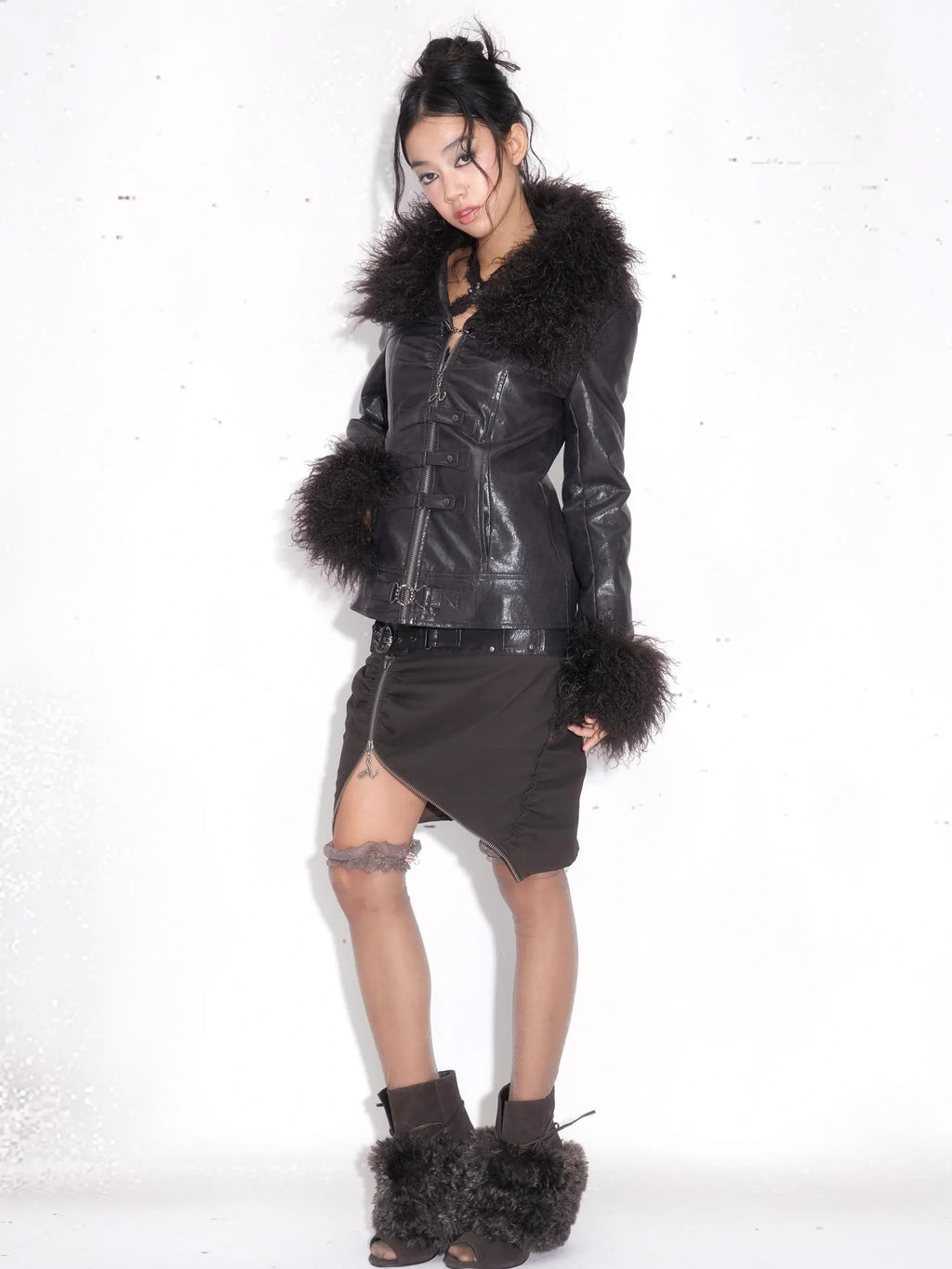 High Gloss Thick Punk Slim Fit Faux Leather Fur Collar Women Dark Purple Jacket