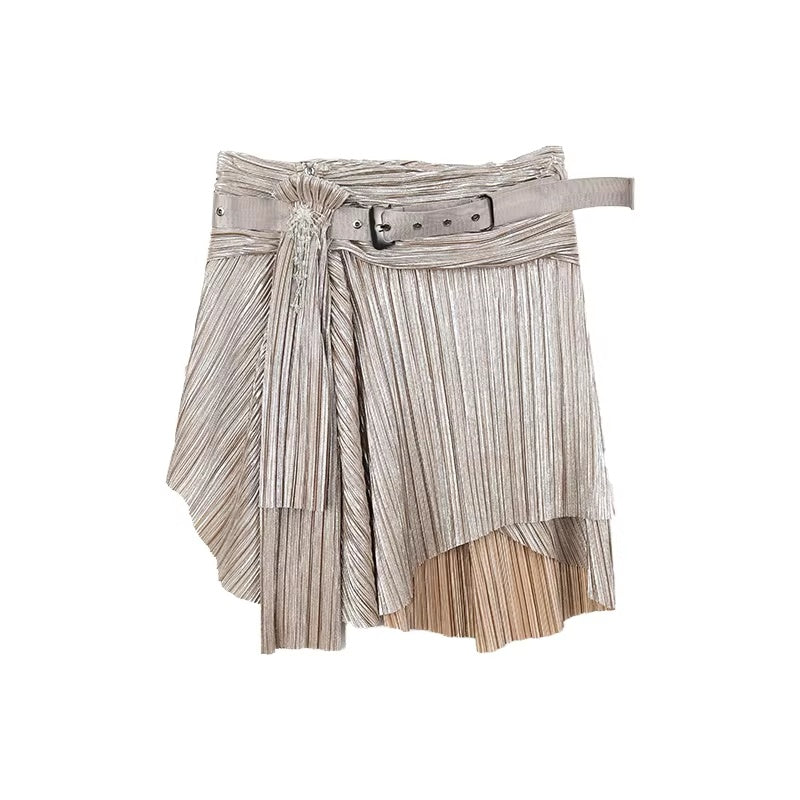 High Stretch Low Waist Pleated A Line Women Champagne Mini Skirt