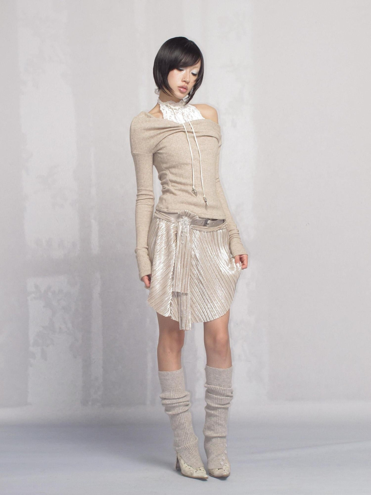 High Stretch Low Waist Pleated A Line Women Champagne Mini Skirt