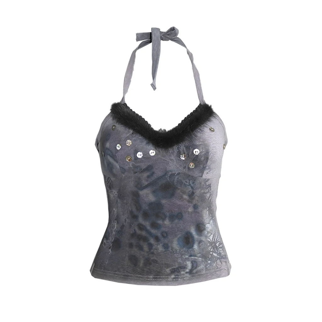 High Stretch Sexy Halter V Neck Printed Button Dark Blue Gray Women Tank Top