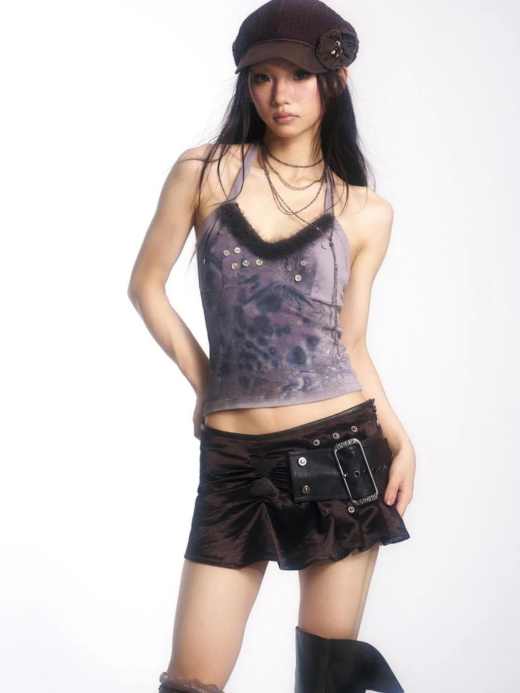 High Stretch Sexy Halter V Neck Printed Button Dark Blue Gray Women Tank Top